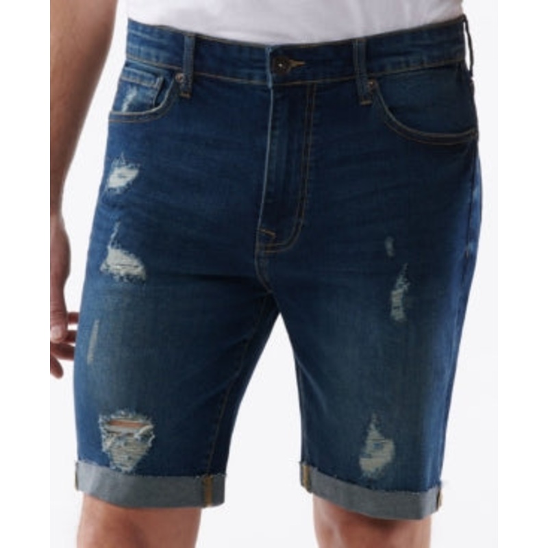 Lazer Mens Comfort Flex Dark Wash Destructed Blue Shorts 32 x 9.5
