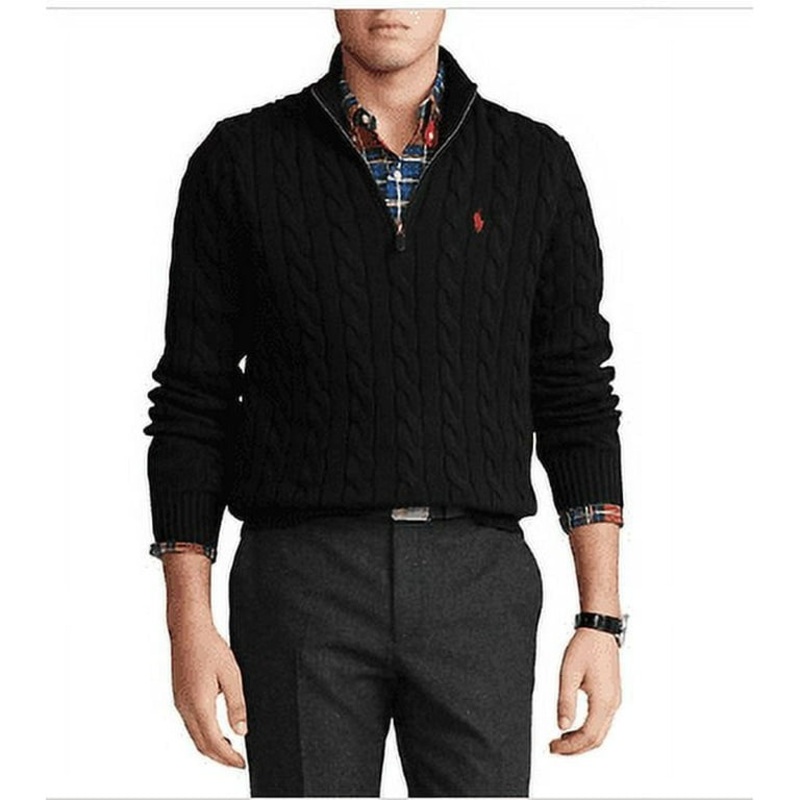 Polo Ralph Lauren Mens Cotton Cable Knit Quarter-Zip Sweater Large Black