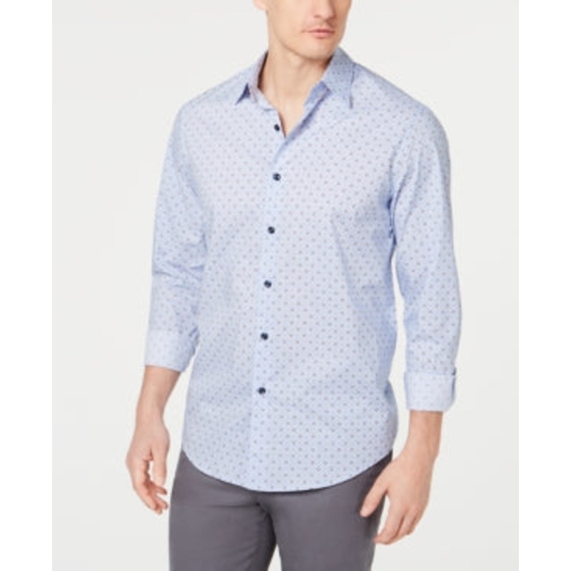 Tasso Elba Men's Houndstooth Herringbone Button Down Shirt Light Blue XL