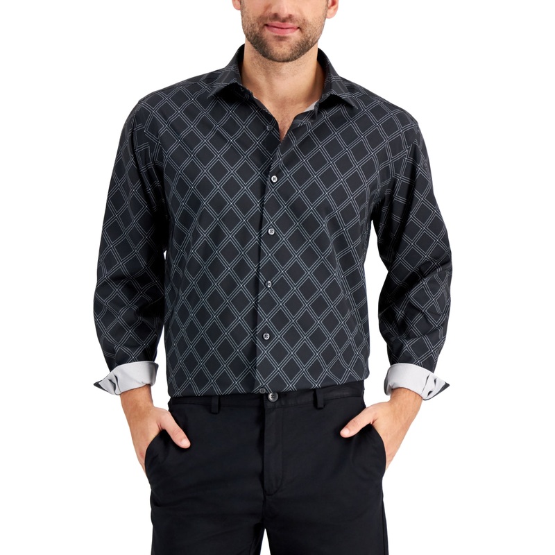 Alfani Mens Slim Fit Button Down Shirt Black White Large 16-16.5 / 34-35