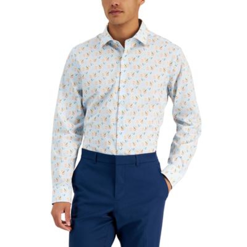 Bar III Men's Cocktail Print Button Down Dress Shirt Light Blue Large