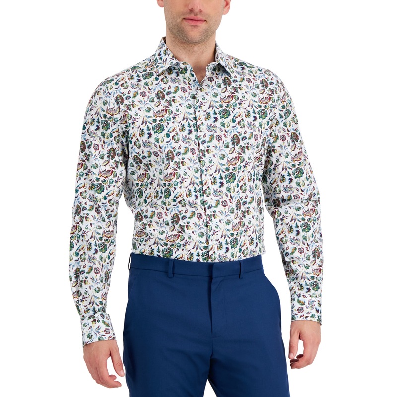 Bar III Mens Slim Fit Stretch Untucked Fit Button Down Shirt White Multi Medium