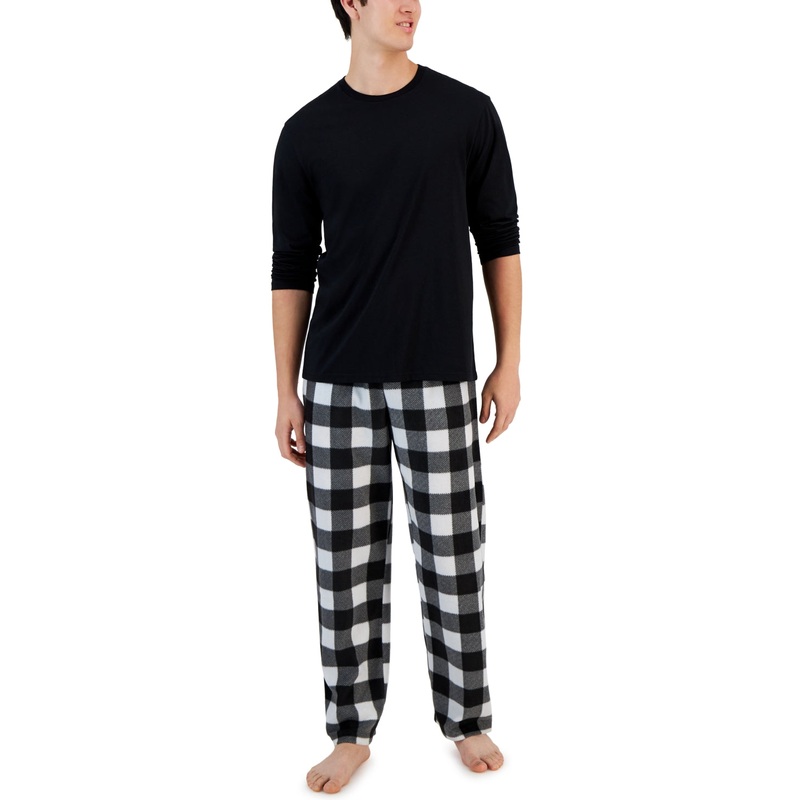 Club Room Men's 2-Pc.  T Shirt Buffalo Plaid Pajama Pants Set Black White Small