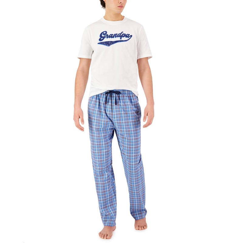 Club Room Men's 'Grandpa' Top Plaid Pants 2-Pc. Pajama Set Blue XXL