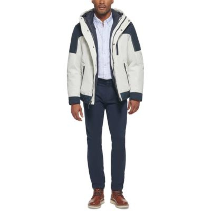 Club Room Mens 3-in-1 Hooded Jacket Parka Coat White Navy Large