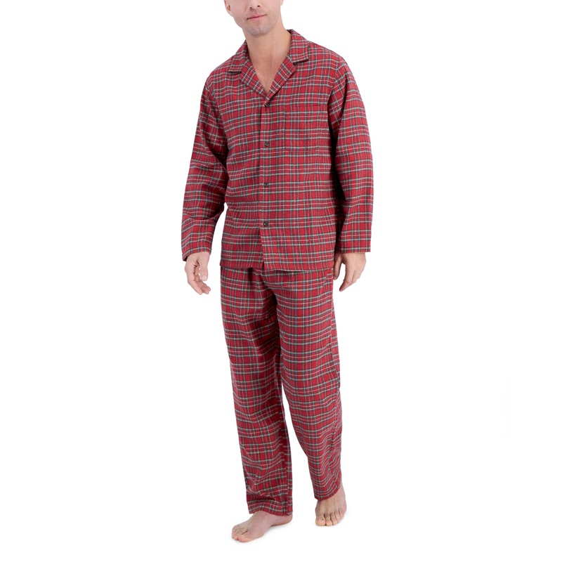 Club Room Mens Heathered Flannel Pajama Shirt Pants Set Red Navy Green Small