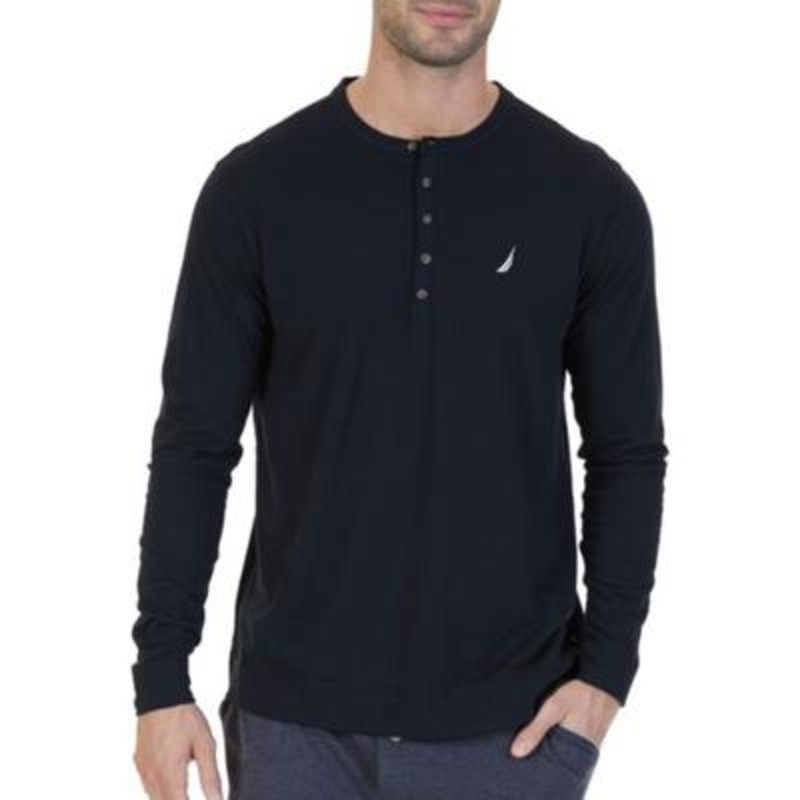 Nautica Mens Henley Long Sleeve Pajama Shirt True Black 2XL