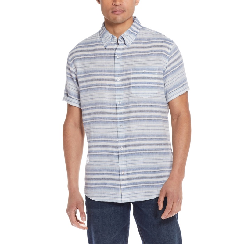 Weatherproof Vintage Mens Linen Short Sleeve Button Down Shirt Small White Blue