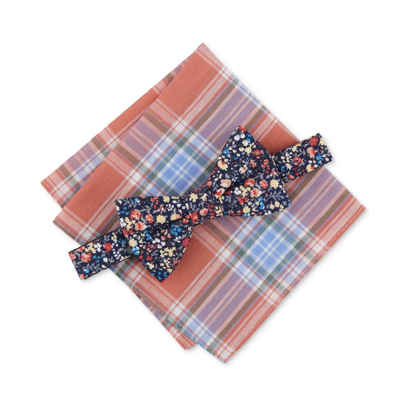 Bar Iii Men's Barrett Floral Bow Tie Plaid Pocket Square Set Black Necktie