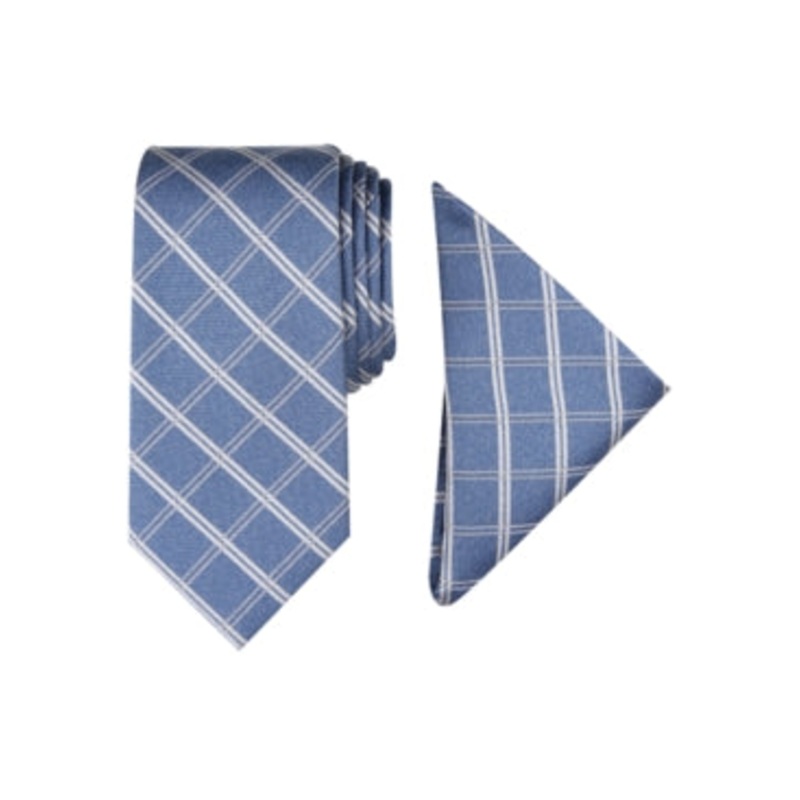 Nautica Men Marion Grid Tie & Pocket Square Set Grey Necktie