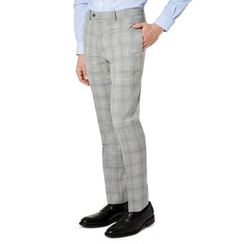 Tallia Mens Slim-Fit Wool Dress Pants 32 x 32 Light Grey / Blue Plaid Flat Front