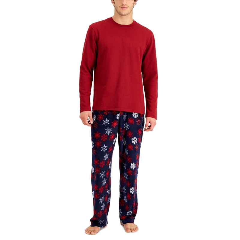 Club Room Men's 2-Pc. Pajama Set Long Sleeve T Shirt Pants Blue Snowflake Small
