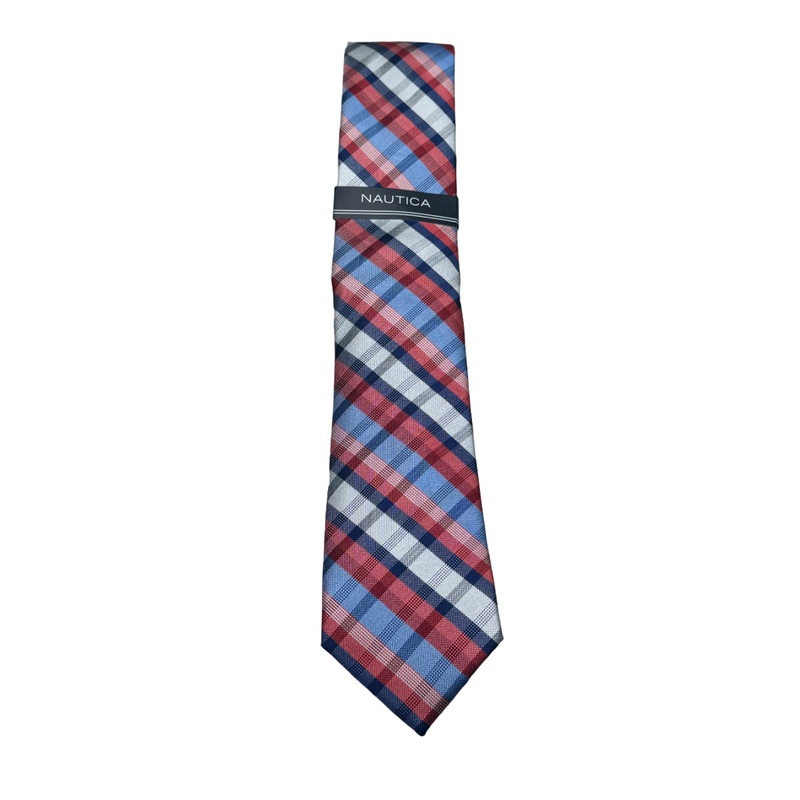 Nautica Mens Red Blue Plaid Necktie Tie