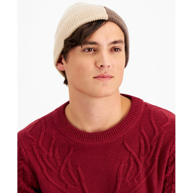 Club Room Mens Colorblocked Beanie Hat Cream Tan Colorblock