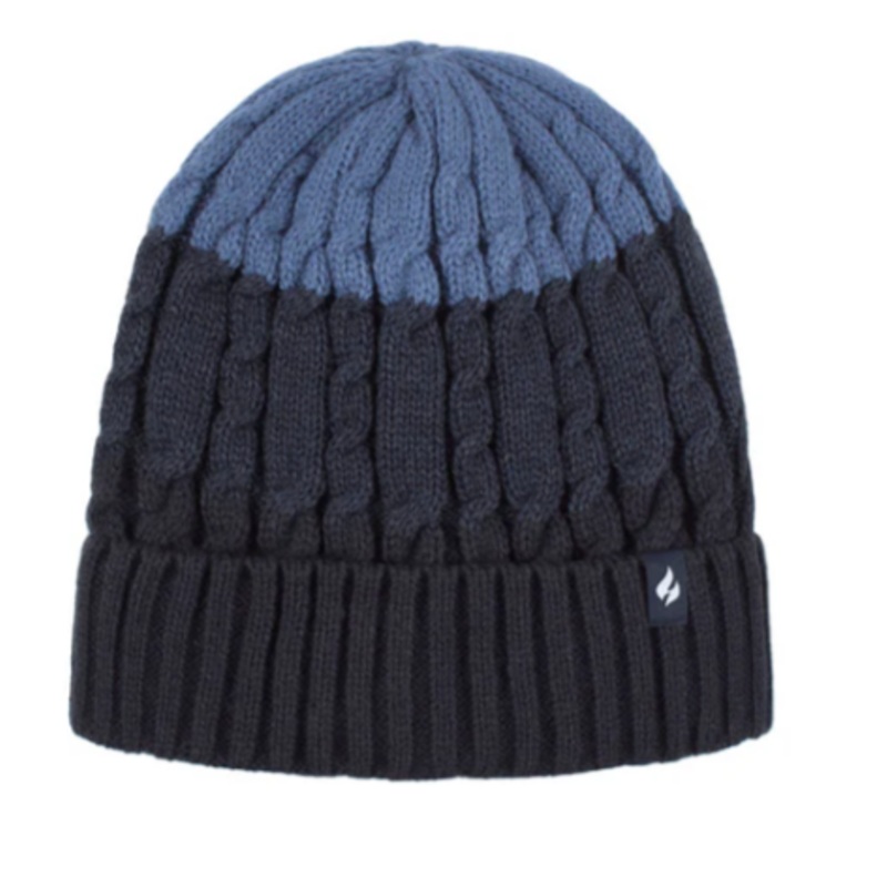 Heat Holders Mens Mavis Three-Tone Cable Knit Roll Up Hat Navy Denim Blue One Size