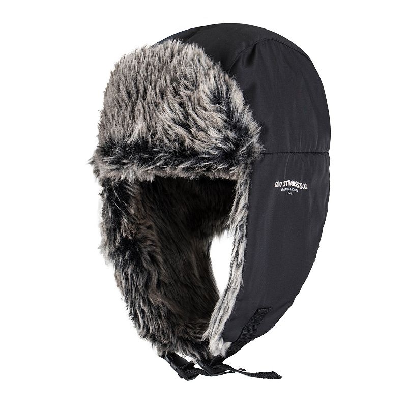 LEVI'S Men's Water Resistant Nylon Adjustable Trapper Hat Black Small Medium