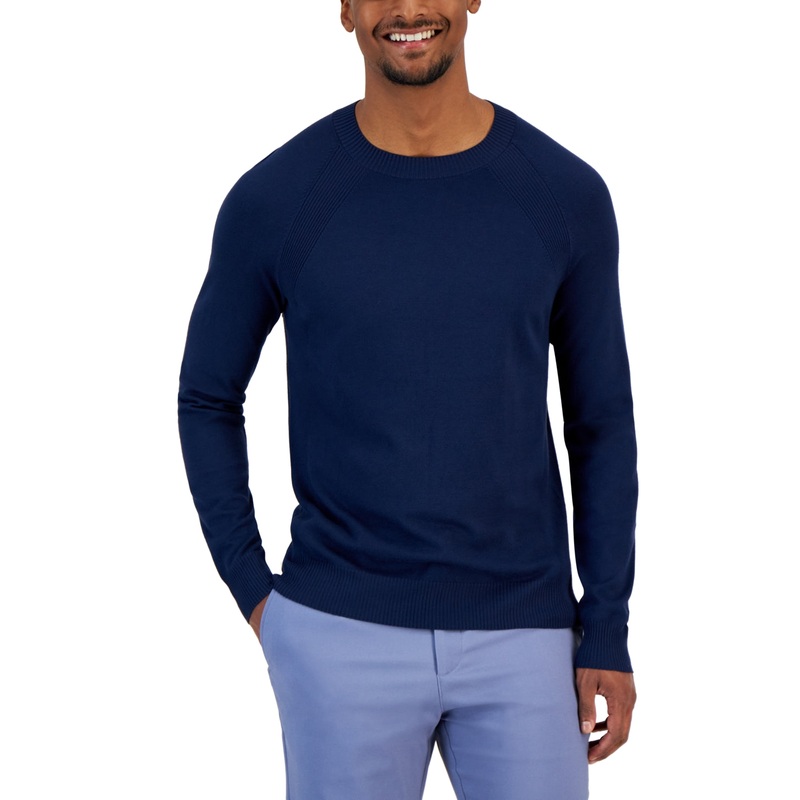 Alfani Mens Crewneck Ribbed Raglan Sweater Navy Blue XL