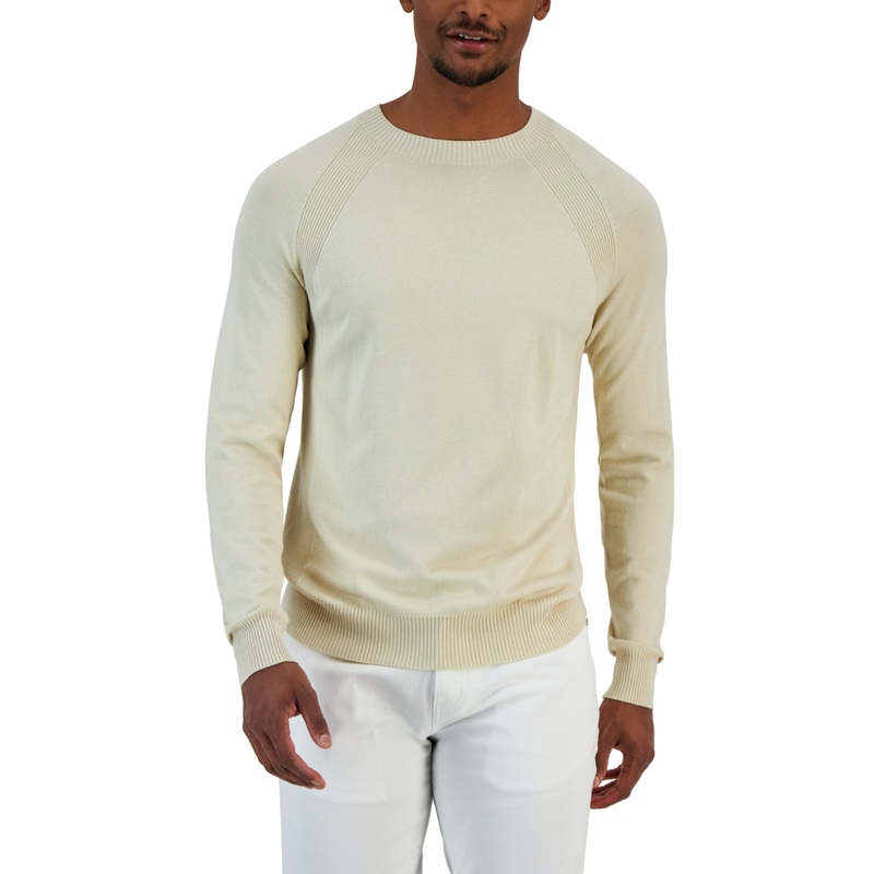 Alfani Mens Crewneck Ribbed Raglan Sweater Tan Large