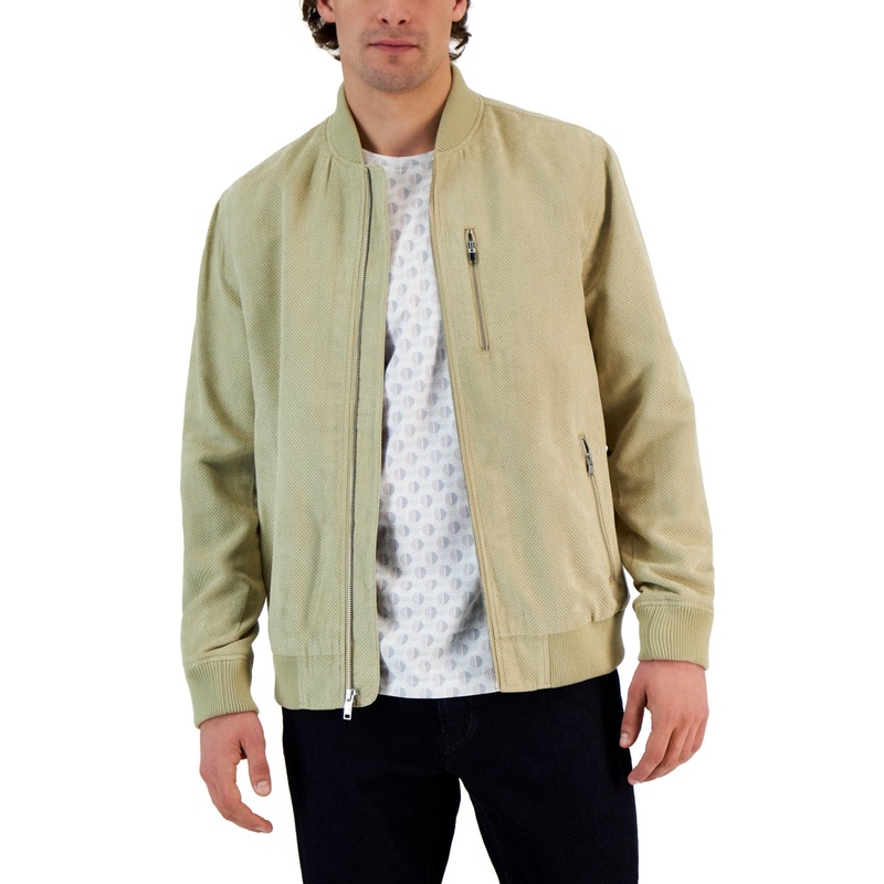 Alfani Mens Perforated Bomber Jacket Brown Rice Large