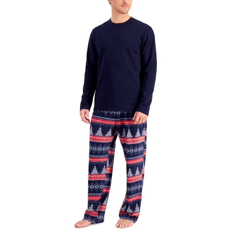 Club Room Men's 2 Pc Fleece Pajama Shirt And Pants Set Navy Blue XL