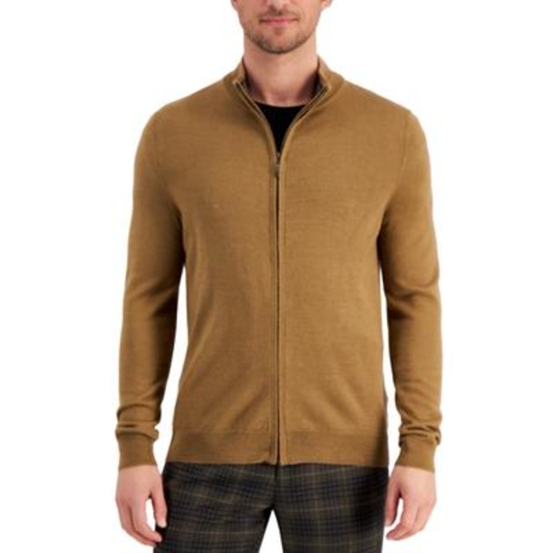 Club Room Men's Merino Full Zip-Front Sweater Medium Fawn Heather Brown