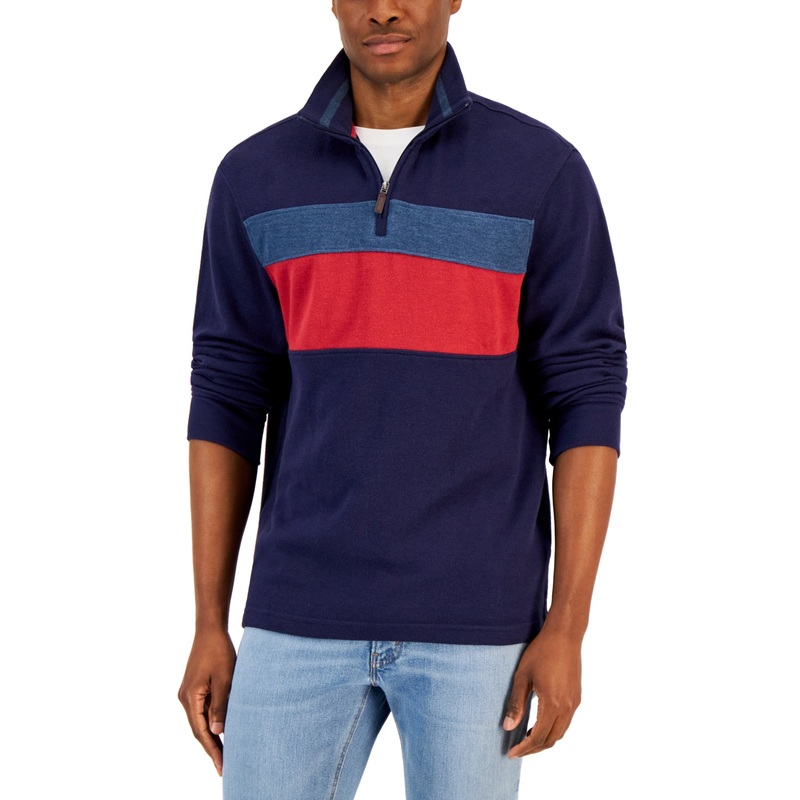 Club Room Men's Quarter Zip Sweater Navy Blue French Rib Colorblock Shirt M