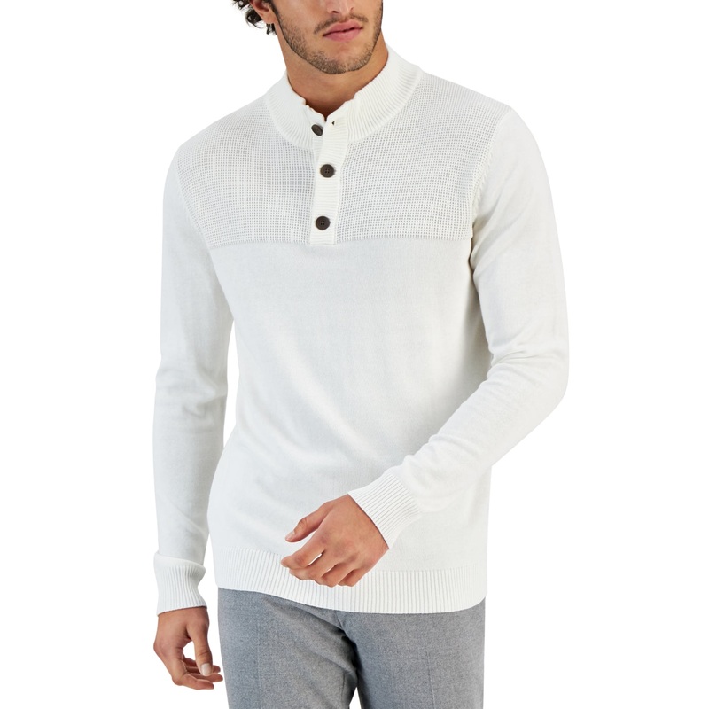 Club Room Mens Button Neck Waffle Sweater Small White Cotton