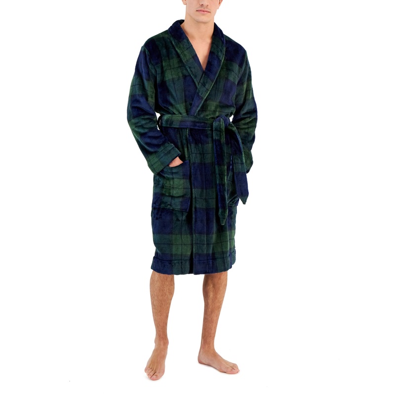 Club Room Mens Plus Plaid Pajama Robe Navy Hunter Blue Green Small / Medium