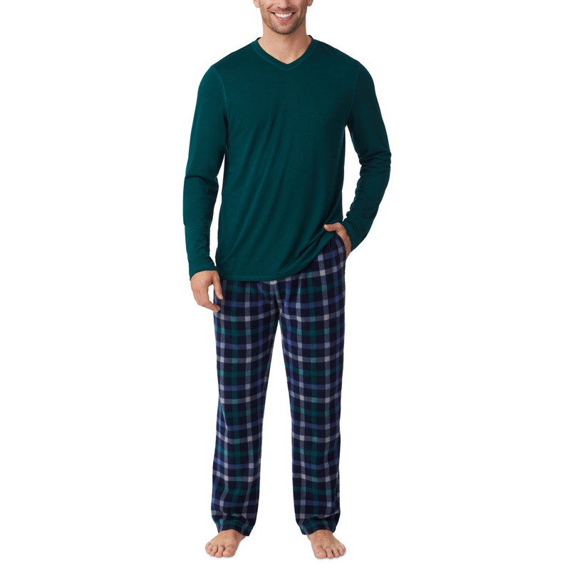 Cuddl Duds Men's 2-Pc. Solid Long Sleeve Pajama Pants Set Blue Grey Plaid Large