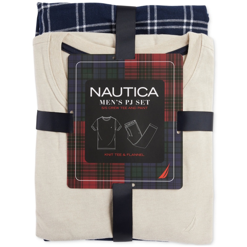 Nautica Mens 2 Pc. Classic Fit Short Sleeve Shirt Pajama Pants Set Beige Large