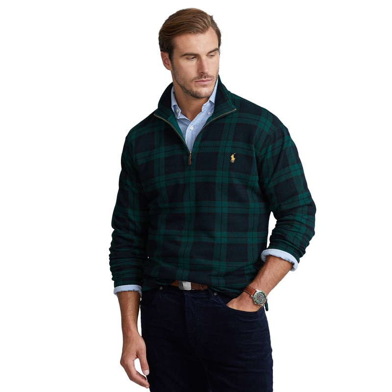 Polo Ralph Lauren Men's Big Tall Blackwatch Plaid Quarter Zip Sweater  3LT