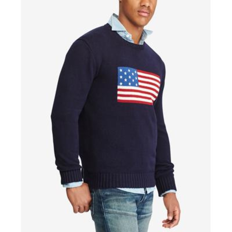 Polo Ralph Lauren Mens American Flag Cotton Sweater Large Navy Blue