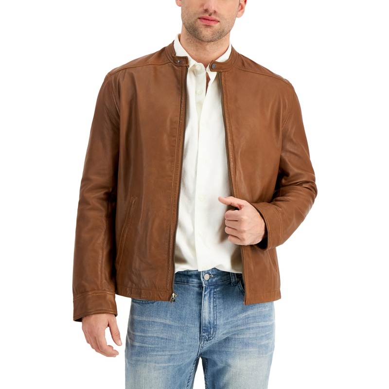 Alfani Mens Pietro Leather Bomber Jacket Cognac Brown Large