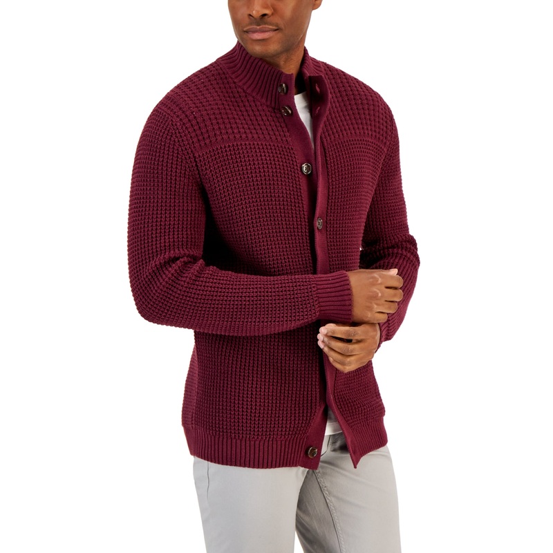Club Room Men's Chunky Waffle Cardigan Sweater Red Plum XL