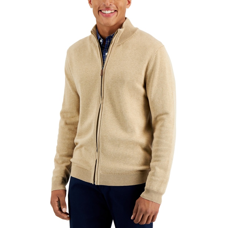 Club Room Men's Full-Zip Sweater Toast Heather Large Light Brown