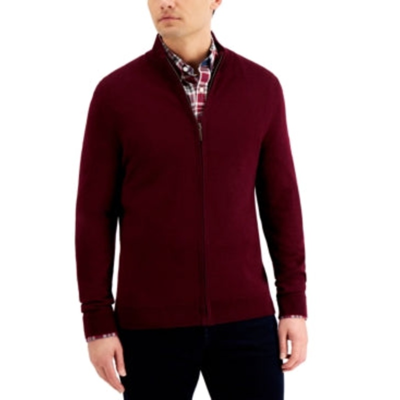 Club Room Men's Merino Wool Full Zip Front Sweater Red Plum Large