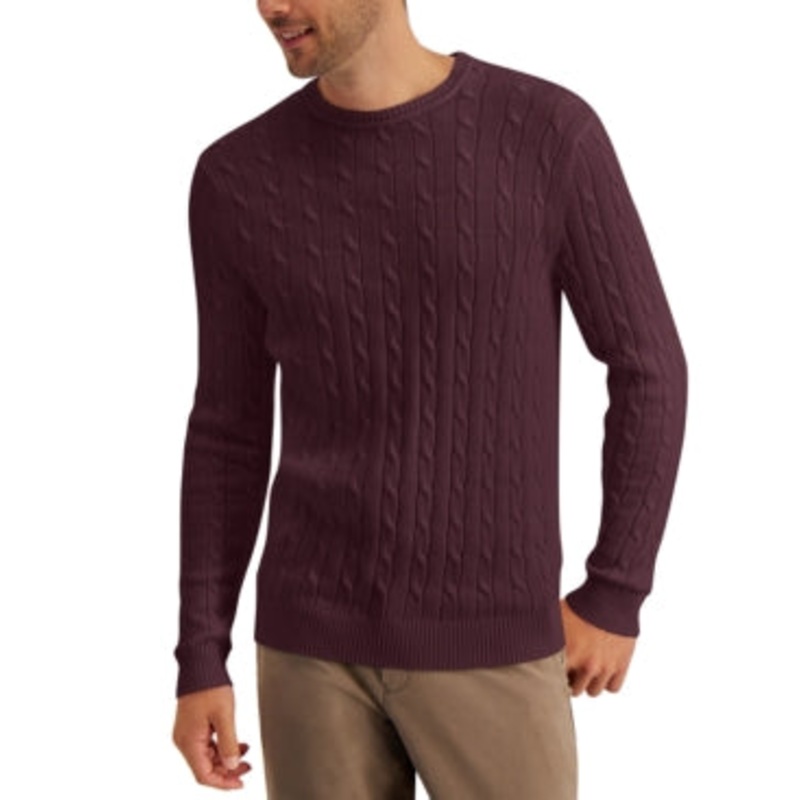 Club Room Mens Cable Knit Crewneck Sweater Red Plum 2XL