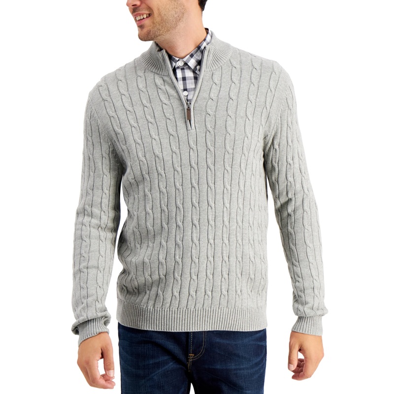 Club Room Mens Cable-Knit Quarter-Zip Sweater Grey XL