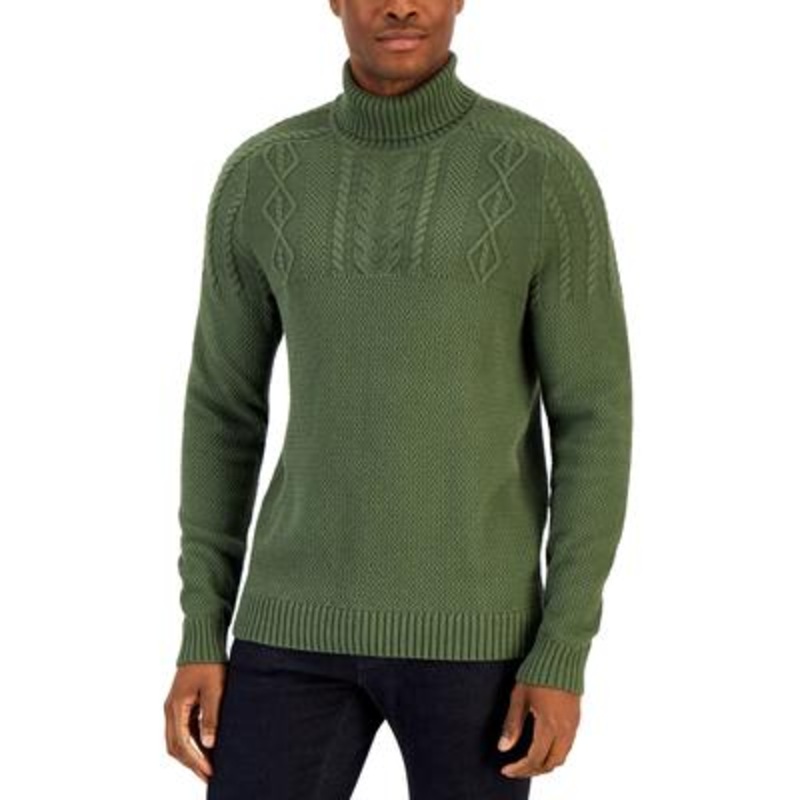 Club Room Mens Cable Knit Turtle-Neck Sweater Green Small
