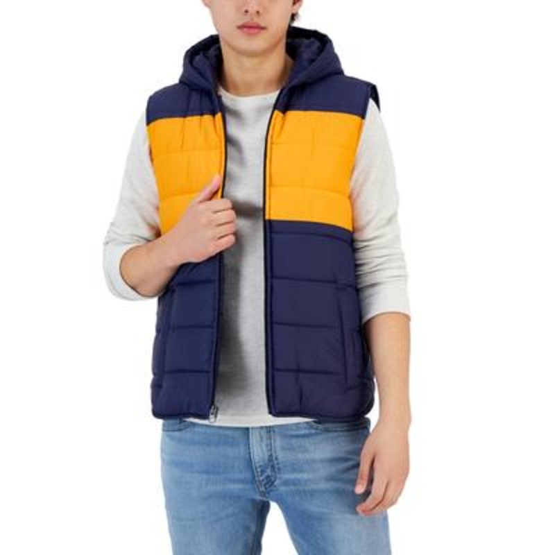 Club Room Mens Hooded Colorblocked Puffer Vest Blue 2XL