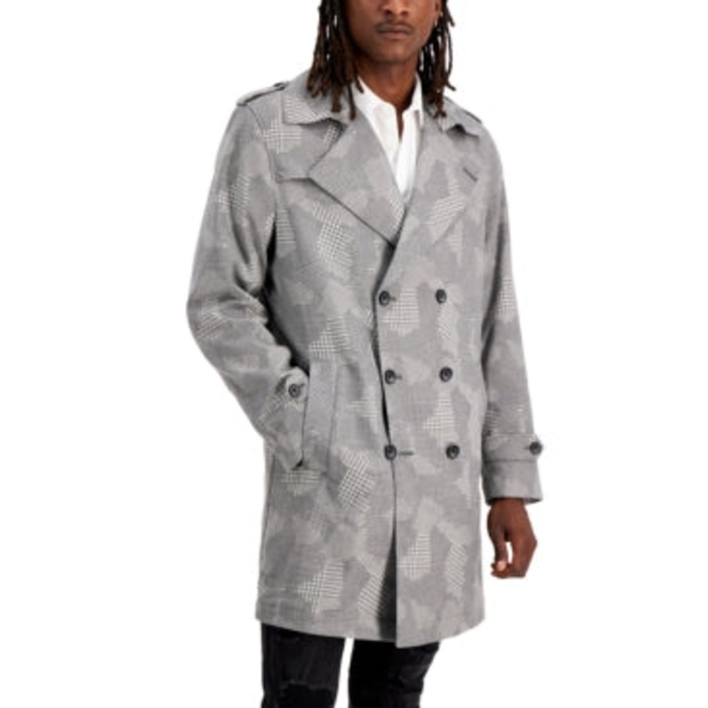 INC INTERNATIONAL CONCEPTS Men's Classic-Fit Houndstooth Plaid Trench Coat Black Grey Combo Large