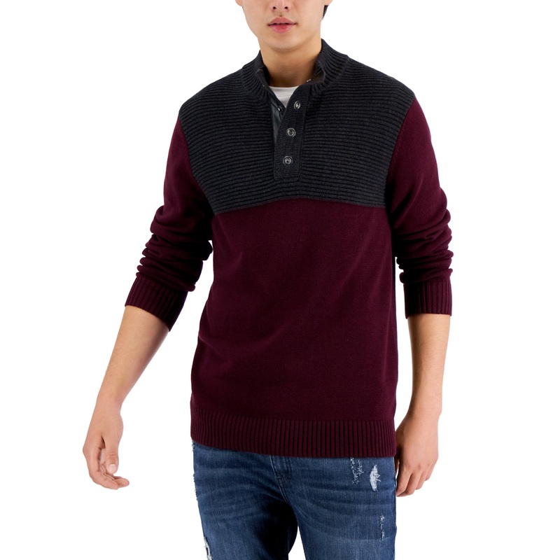 INC International Concepts Men's Colorblocked Mock Neck Sweater Medium Red Grey