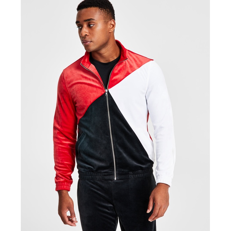 International Concepts Men's Colorblocked Velour Jacket Ruby Red Medium