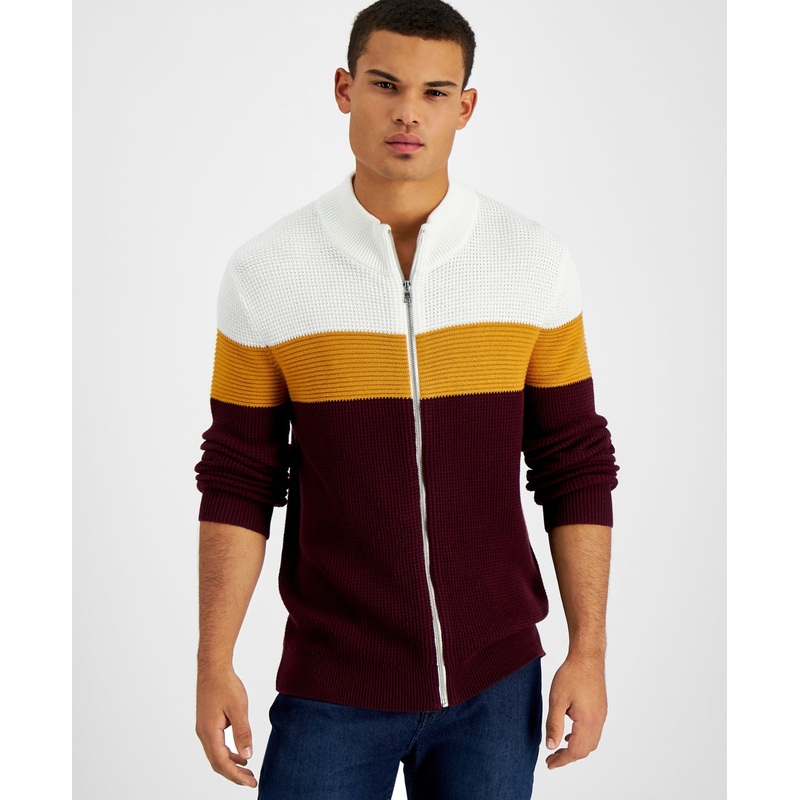 International Concepts Mens Colorblocked Full Zip Sweater White Red Shirt Large