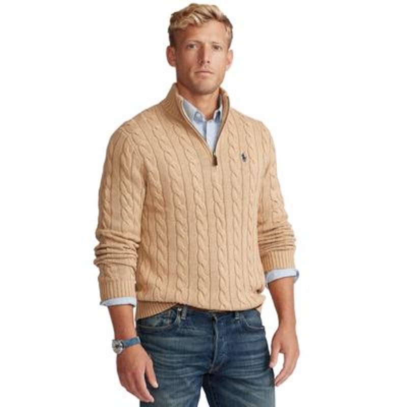 Polo Ralph Lauren Mens Big Tall Cable-Knit Cotton Quarter Zip Sweater Camel Melange 3XLT