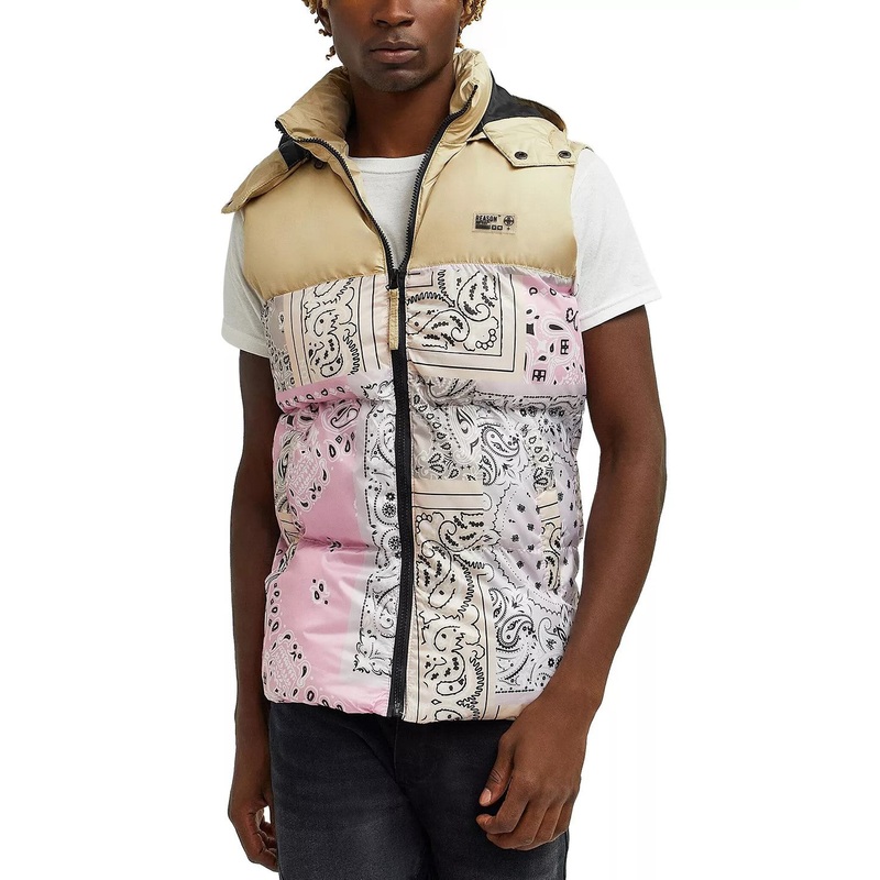 Reason Mens Paisley Puffer Vest Multi Color Tan Pink Medium