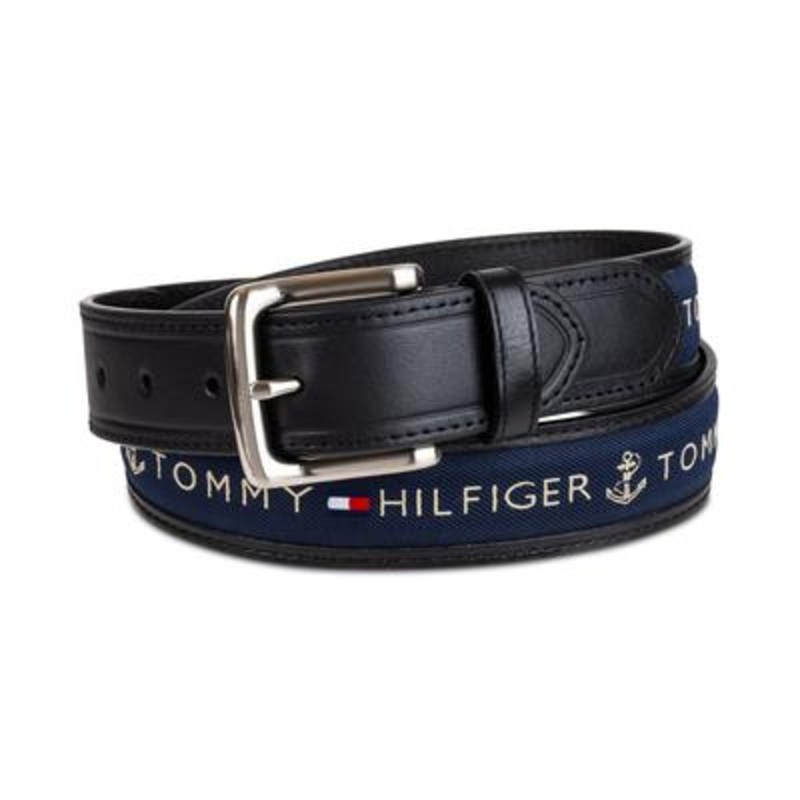 Tommy Hilfiger Mens Signature Ribbon Inlay Belt Black Navy Blue 30 - 32