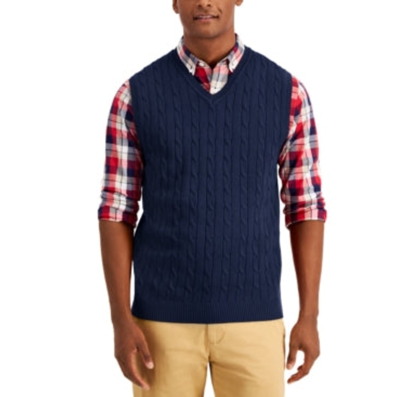 Club Room Men's Cable-Knit Cotton Sweater Vest Navy Blue Large