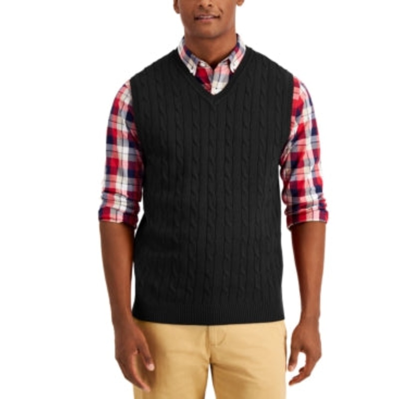 Club Room Men's Cable Knit Sweater Vest V Neck Cotton Black Medium