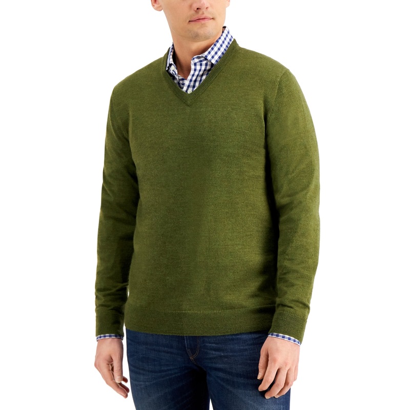 Club Room Men's Regular Fit V Neck Sweater Olive Green Mist Heather Medium